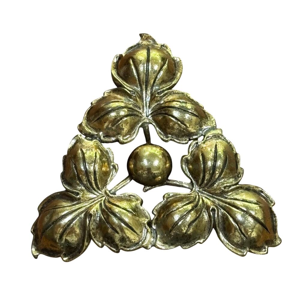 Vintage Brass Brooch Edwardian Art Nouveau floral embossed gold triangle shape